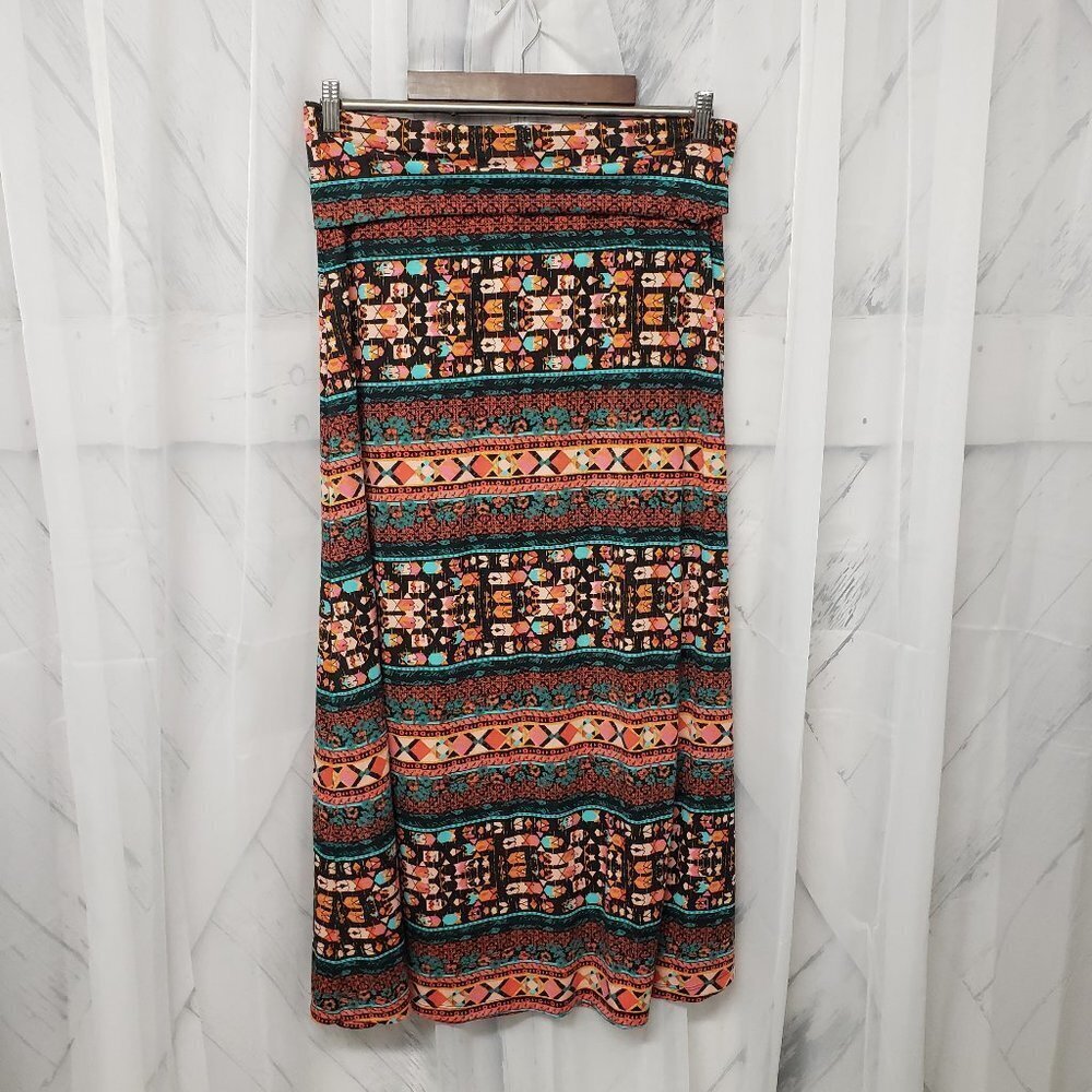 Mossimo Supply Black Coral Aztec Jersey Midi Roll Down Waist Skirt Size L